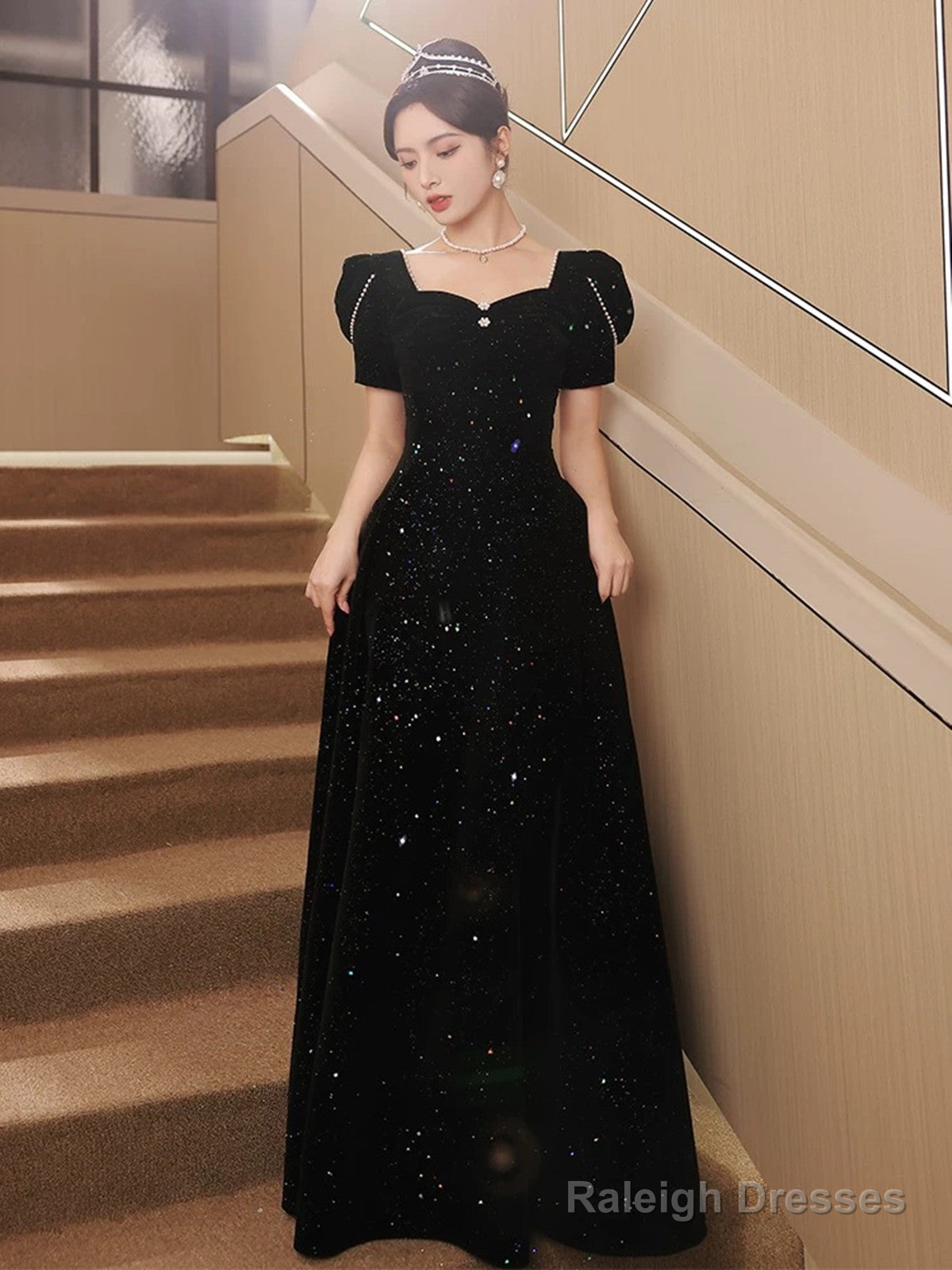 A-Line Black Velvet Long Simple Floor Length Prom Dress, Black Velvet Party Dress Main image