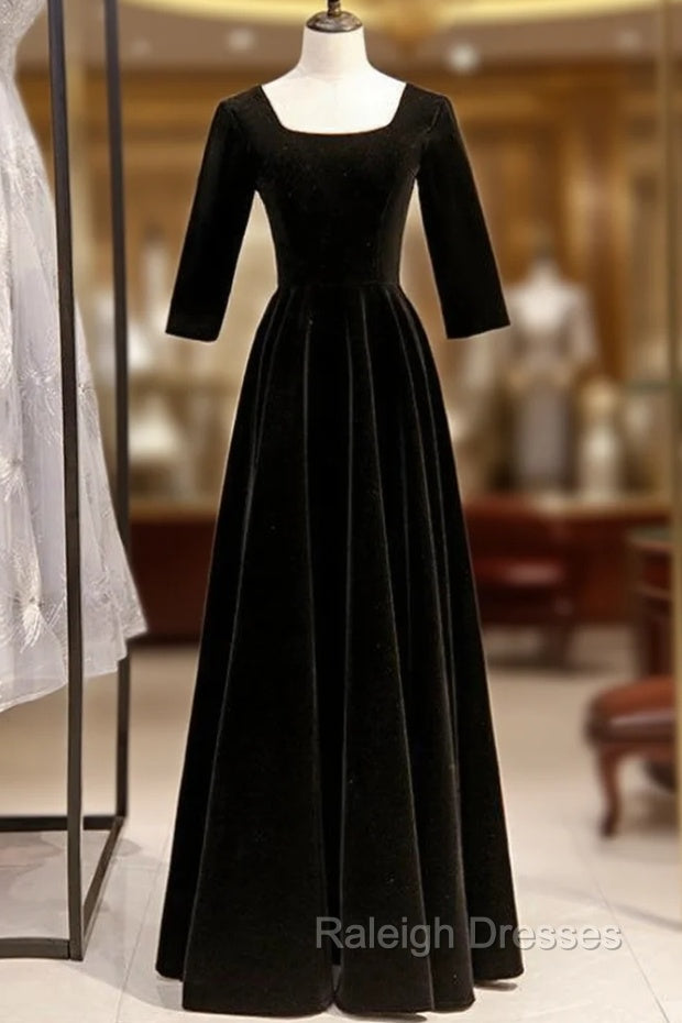 A-Line Black Velvet Square Short Sleeve Prom Dress