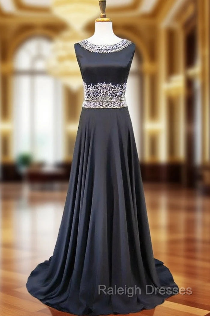 A-line Bling Bling Beaded Crystals Floor Length Black Prom Dress Main image