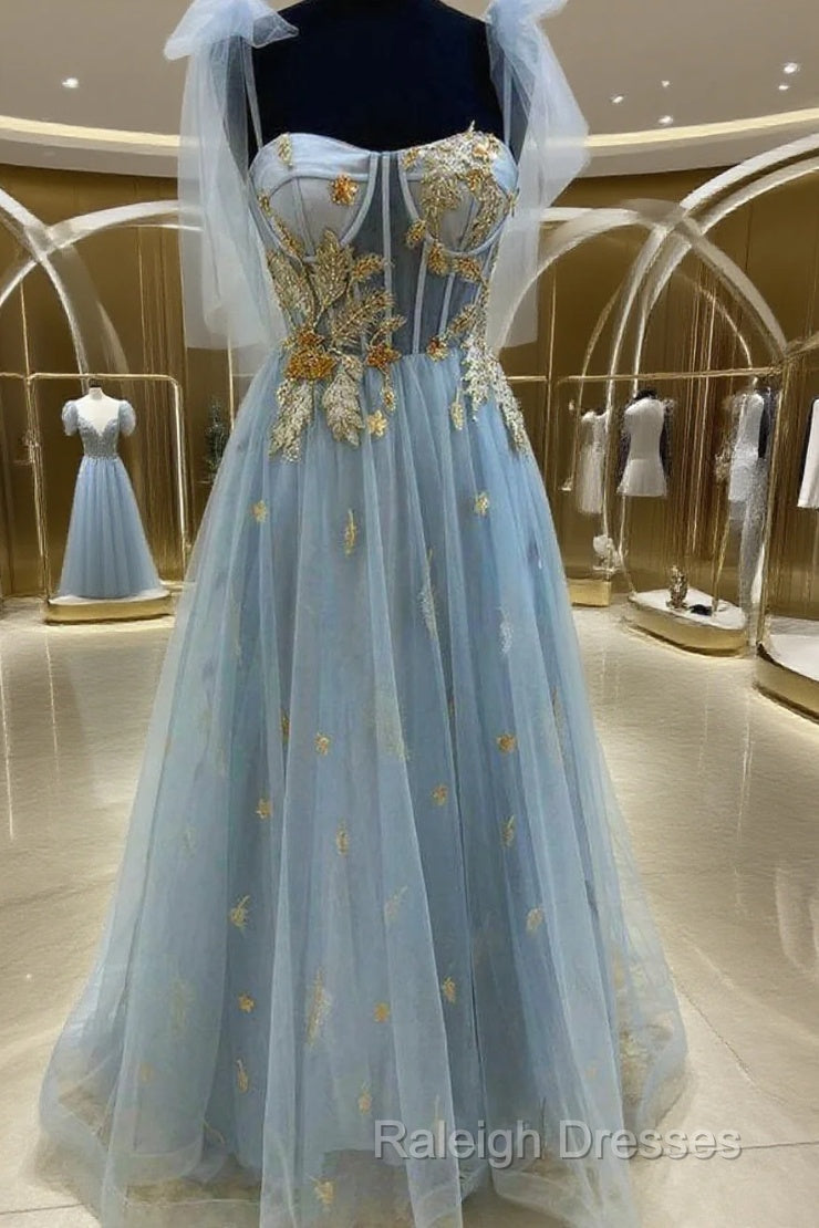 A Line Blue And Gold Appliqed Long Prom Dresseses