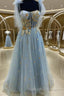 A Line Blue And Gold Appliqed Long Prom Dresseses