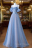 A-line Blue and Pink Beaded Tulle Long Party Dress, Blue Prom Dress