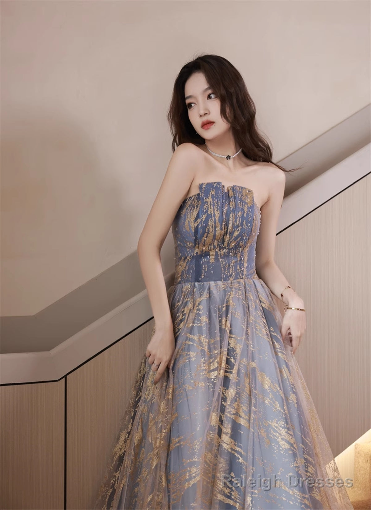 A-Line Blue Gradient Tulle Long Party Dress, A-Line Blue Prom Dress Formal Dress