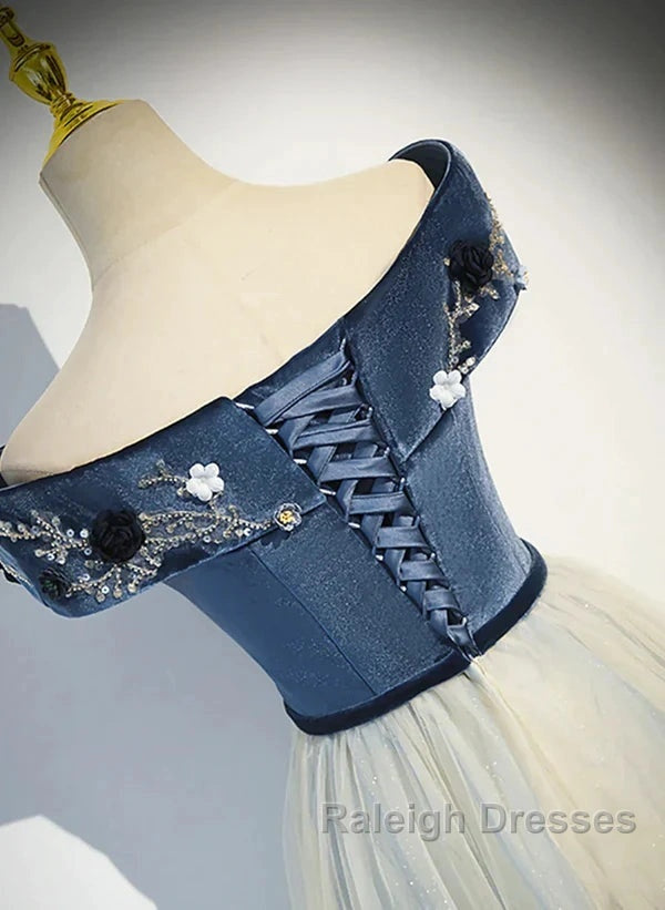 A-Line Blue-Grey Sequins Off Shoulder Long Party Dress Velevet Long Prom Dress