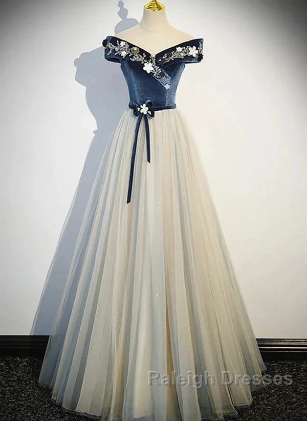 A-Line Blue-Grey Sequins Off Shoulder Long Party Dress Velevet Long Prom Dress