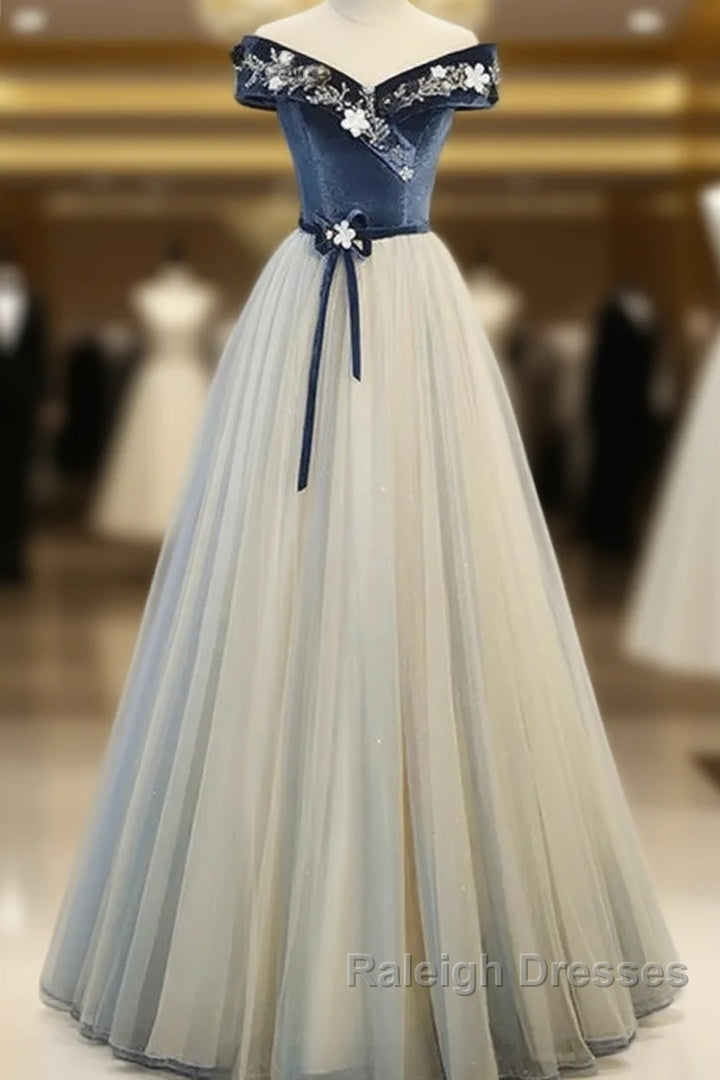 A-Line Blue-Grey Sequins Off Shoulder Long Party Dress Velevet Long Prom Dress Main image