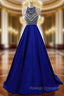 A Line Blue Halter Satin Beading Prom Dresses With Pocket