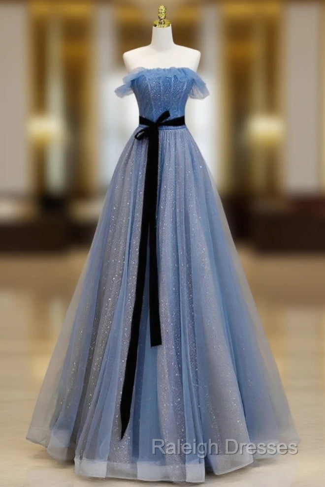 A-Line Blue Long Prom Dress, Tulle Sequin Long Blue Formal Evening Dress Main image