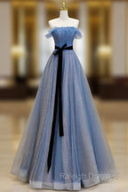 A-Line Blue Long Prom Dress, Tulle Sequin Long Blue Formal Evening Dress