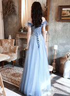 A-Line Blue Off Shoulder With Lace Long Evening Dress, Blue Long Prom Dress