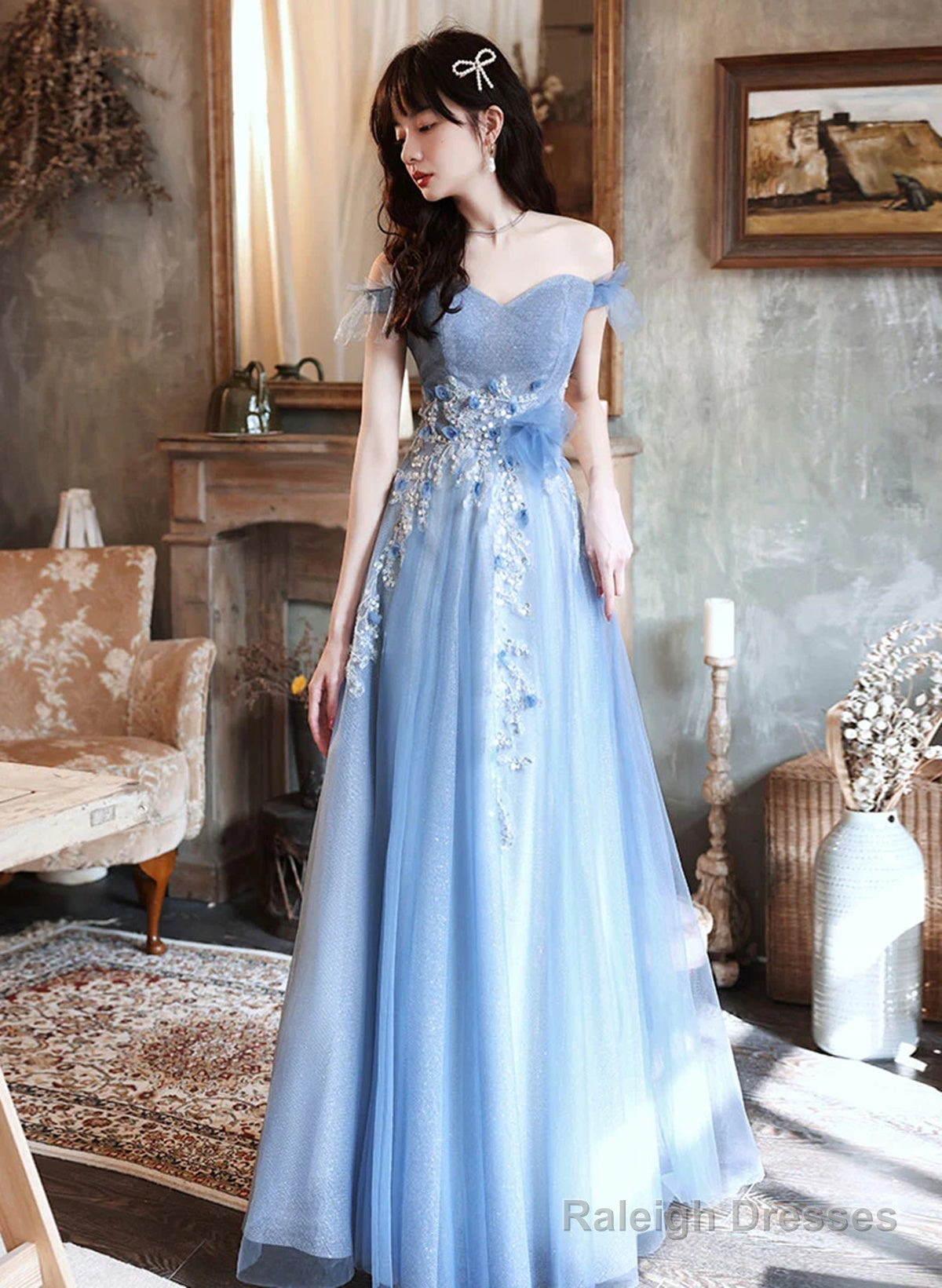 A-Line Blue Off Shoulder With Lace Long Evening Dress, Blue Long Prom Dress Main image
