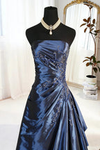 A-Line Blue Satin Beaded Floor Length Prom Dresses Blue Satin Scoop Long Prom Dresses