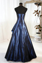 A-Line Blue Satin Beaded Floor Length Prom Dresses Blue Satin Scoop Long Prom Dresses