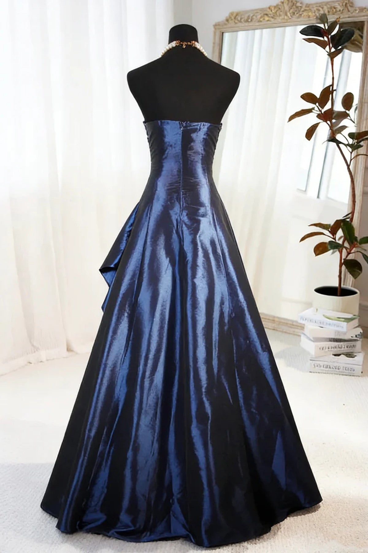 A-Line Blue Satin Beaded Floor Length Prom Dresses Blue Satin Scoop Long Prom Dresses