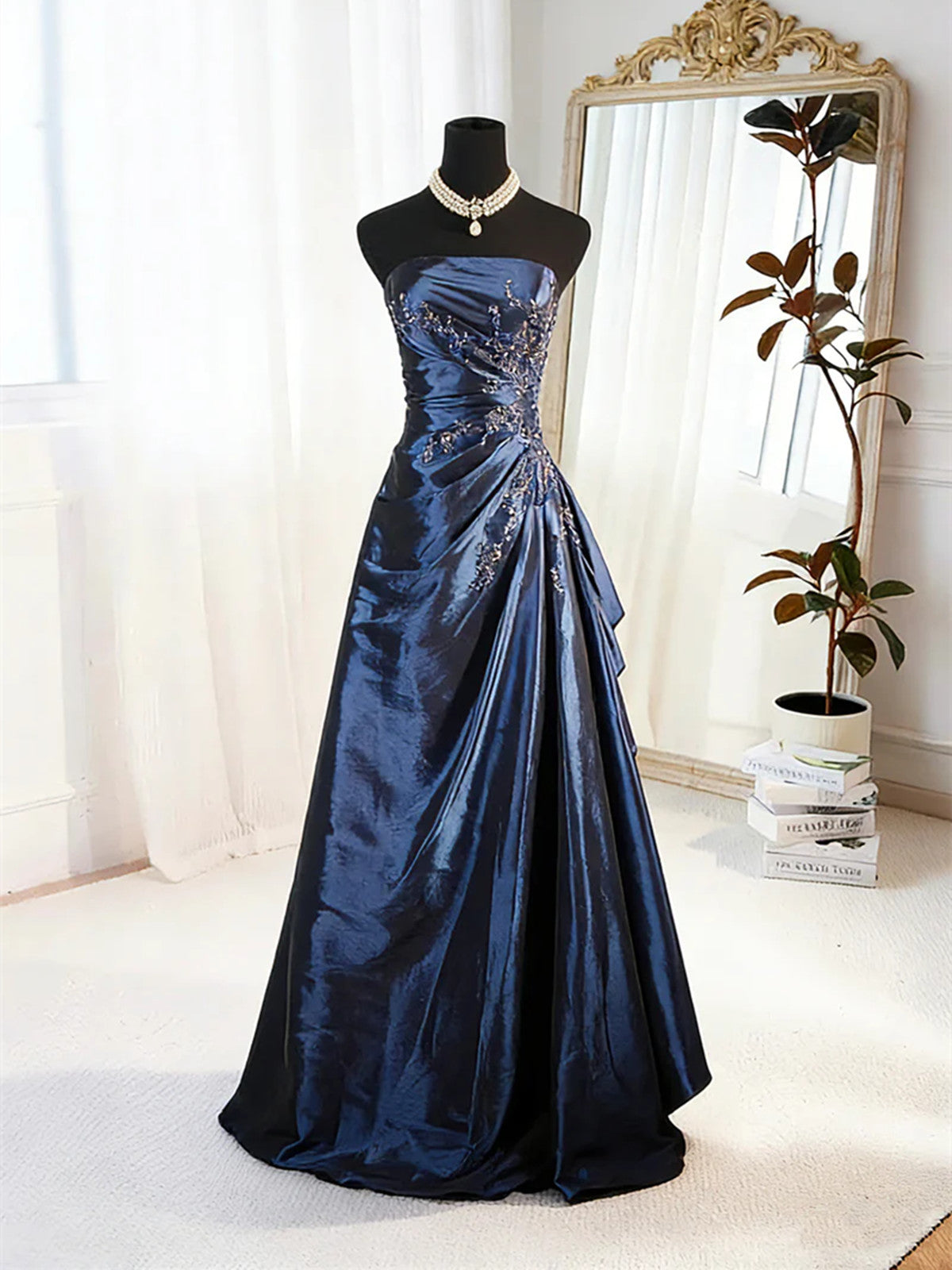 A-Line Blue Satin Beaded Floor Length Prom Dresses Blue Satin Scoop Long Prom Dresses