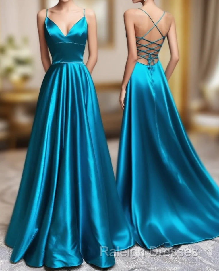 A-Line Blue Satin Long Prom Dress, Blue Formal Evening Dresses