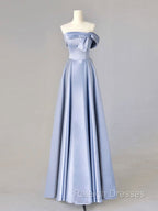 A-Line Blue Satin Long Prom Dresses, Blue Formal Evening Dresses