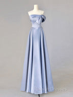 A Line Blue Satin Long Prom Dress Blue Prom Dress