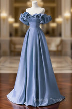 A-line Blue Satin Off Shoulder Long Evening Dress, Long Formal Dress Party Dress
