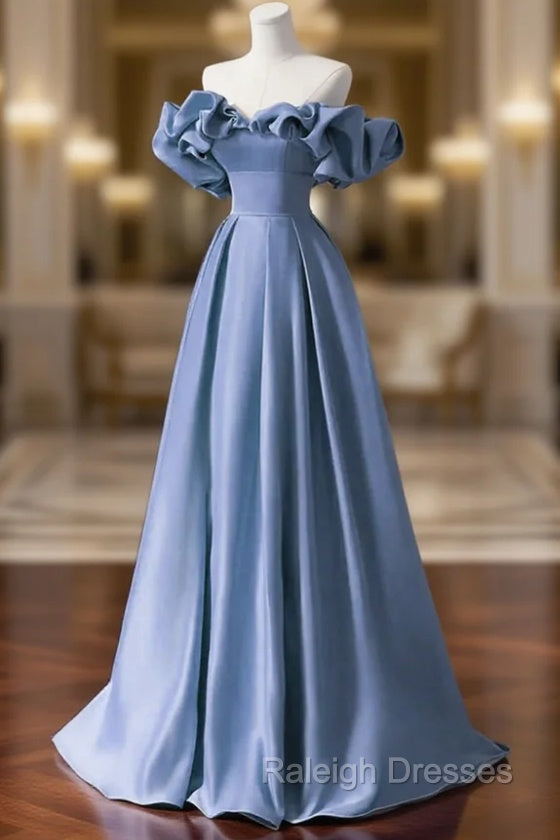 A Line Blue Satin Off Shoulder Long Prom Dresses Long Prom Dresseses