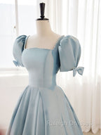 A Line Blue Satin Puffy Sleeve Long Prom Dress, Blue Formal Dresses