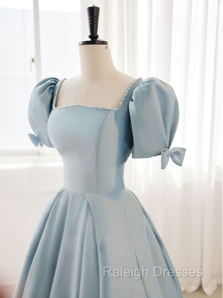 A Line Blue Satin Puffy Sleeve Long Prom Dress, Blue Formal Dresses
