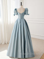 A-Line Blue Satin Puffy Sleeve Long Prom Dress, Blue Formal Dresses