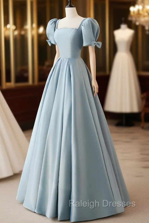 A Line Blue Satin Puffy Sleeve Long Prom Dress, Blue Formal Dresses Main image