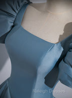 A-Line Blue Satin Short Sleeves Long Party Dress, Blue Short Sleeves Prom Dress