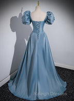A-Line Blue Satin Short Sleeves Long Party Dress, Blue Short Sleeves Prom Dress