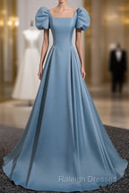 A-Line Blue Satin Short Sleeves Long Party Dress, Blue Short Sleeves Prom Dress