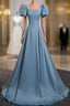 A-Line Blue Satin Short Sleeves Long Party Dress, Blue Short Sleeves Prom Dress