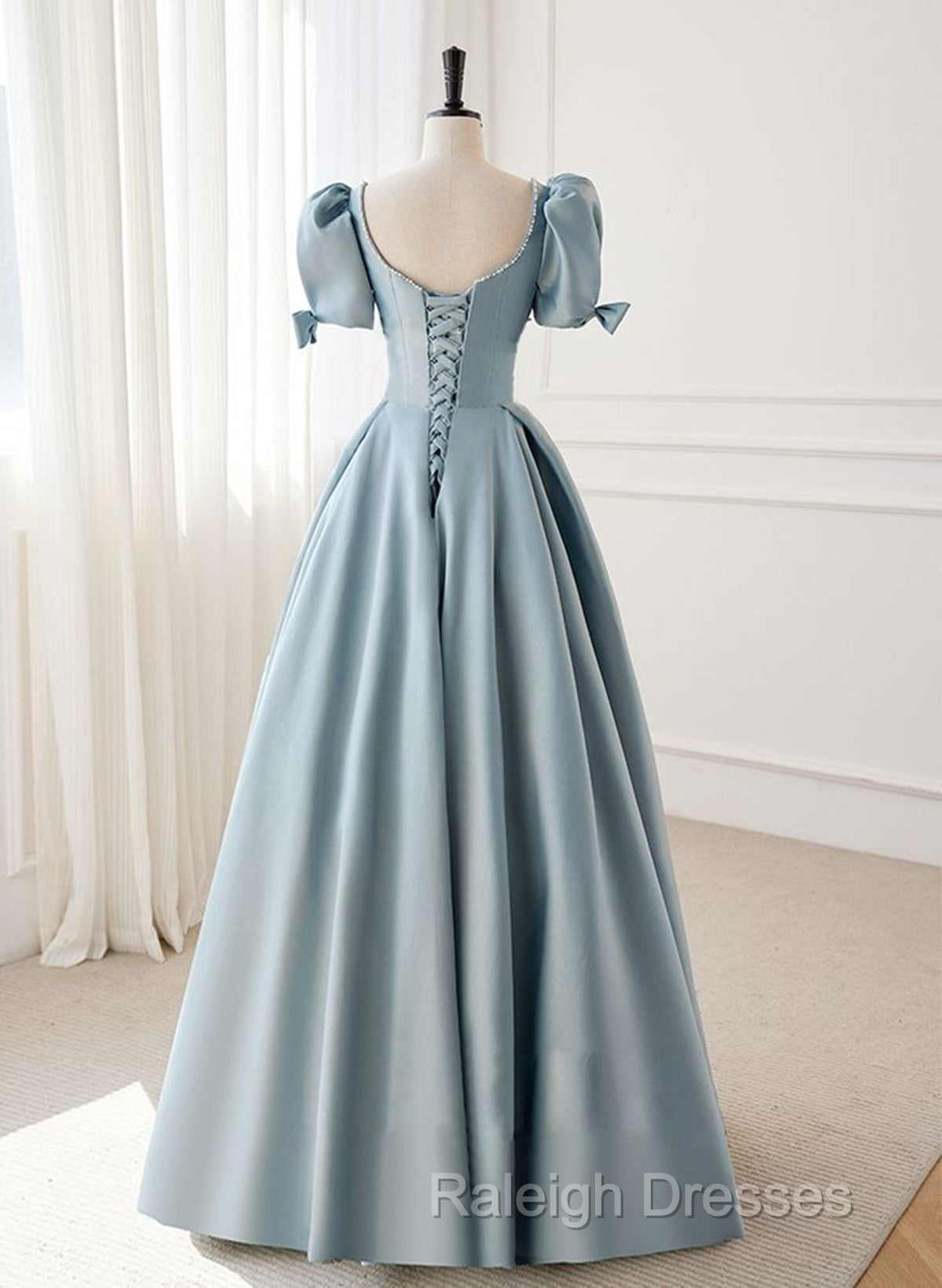 A-Line Blue Satin Short Sleevs Long Formal Dress, Blue Simple Floor Length Prom Dress