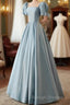 A-Line Blue Satin Short Sleevs Long Prom Dresses Blue Simple Floor Length Prom Dresses