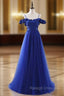 A-Line Blue Satin Tulle Spaghetti Straps Appliques Prom Dress
