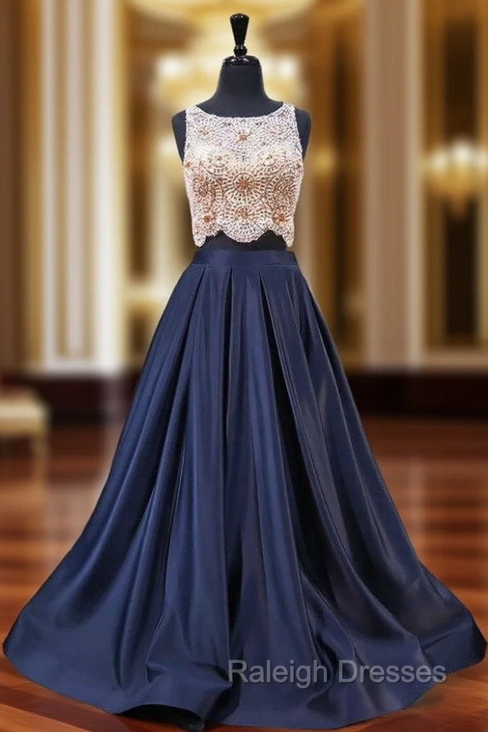 A-Line Blue Satin Two Piece Beading Bodice Evening Dress