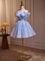 A-Line Blue Short Off Shoulder Knee Length Homecoming Dress, Blue Short Prom Dress