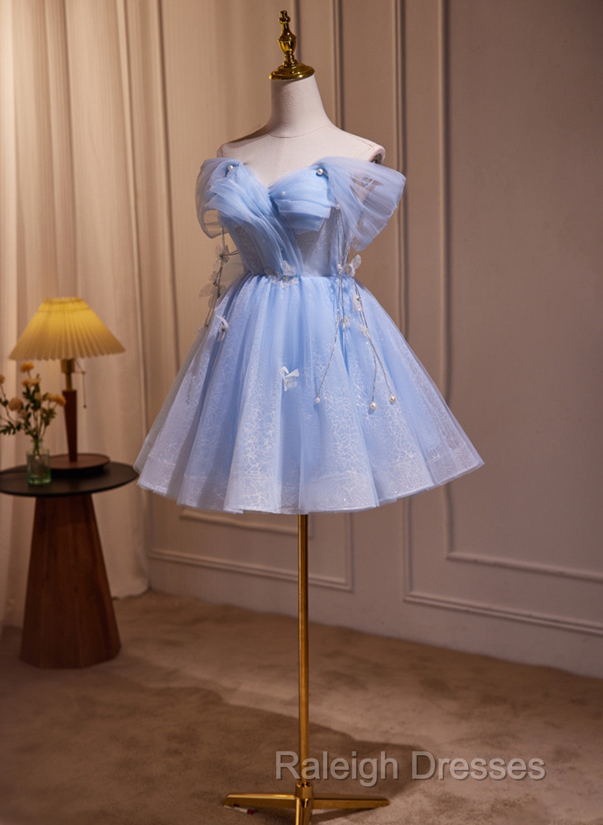 A-Line Blue Short Off Shoulder Knee Length Homecoming Dress, Blue Short Prom Dress