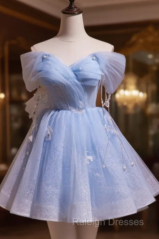 A-Line Blue Short Off Shoulder Knee Length Homecoming Dress, Blue Short Prom Dress Main image