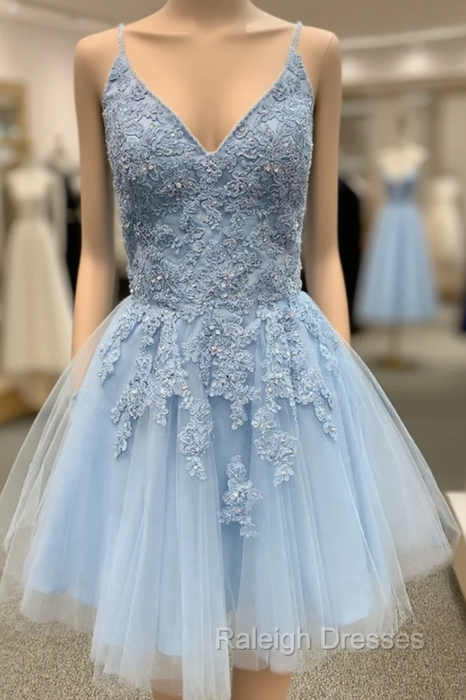 A-Line Blue Tulle Appliuqes Spaghetti Straps Beading Homecoming Dress Main image