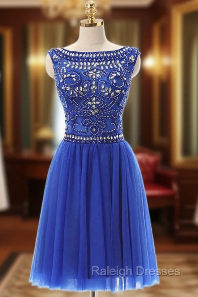 A-Line Blue Tulle Crystal Beading Backless Homecoming Dress Main image