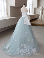 A-Line Blue Tulle Lace Applique Long Prom Dress, Blue Long Formal Dress