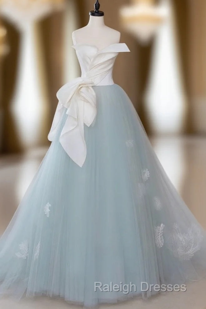 A-Line Blue Tulle Lace Applique Long Prom Dresses Blue Long Prom Dresses Main image