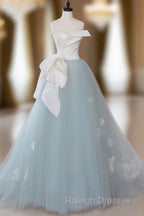 A-Line Blue Tulle Lace Applique Long Prom Dresses Blue Long Prom Dresses