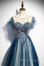 A-line Blue Tulle Long Beaded Prom Dress, A-Line Formal Evening Dress