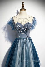 A Line Blue Tulle Long Beaded Prom Dress, A Line Formal Prom Dress