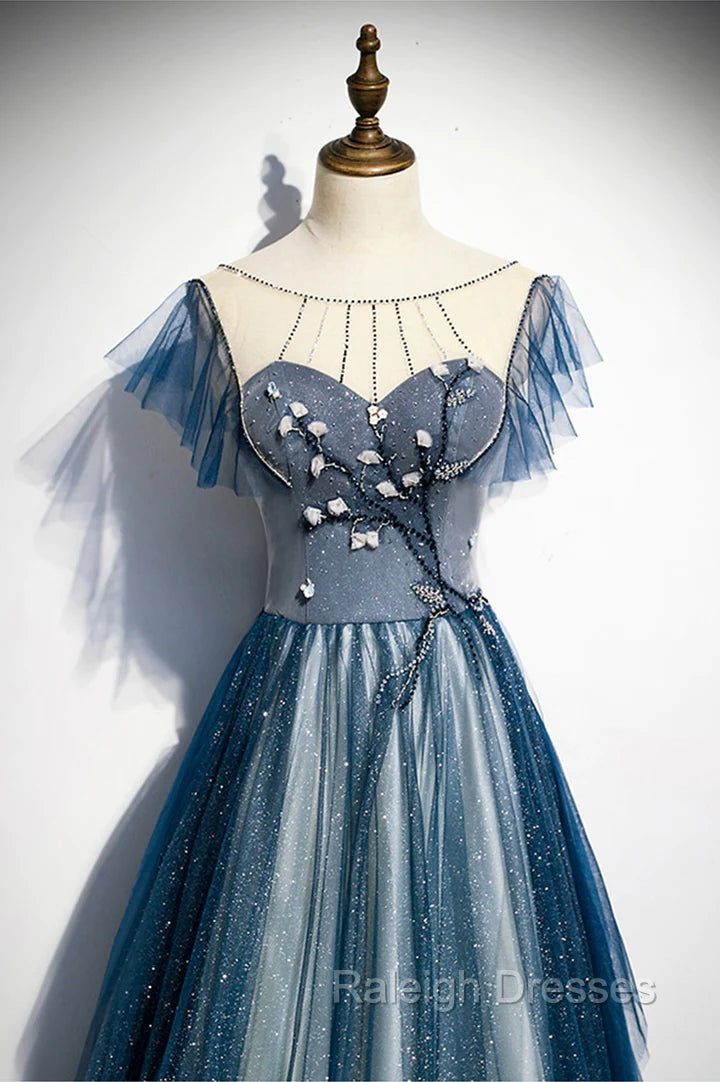 A Line Blue Tulle Long Beaded Prom Dress, A Line Formal Prom Dress