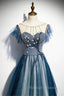 A Line Blue Tulle Long Beaded Prom Dress, A Line Formal Prom Dress