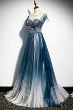 A-line Blue Tulle Long Beaded Prom Dress, A-Line Formal Evening Dress