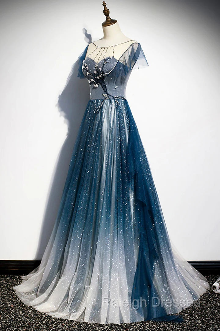 A-line Blue Tulle Long Beaded Prom Dress, A-Line Formal Evening Dress